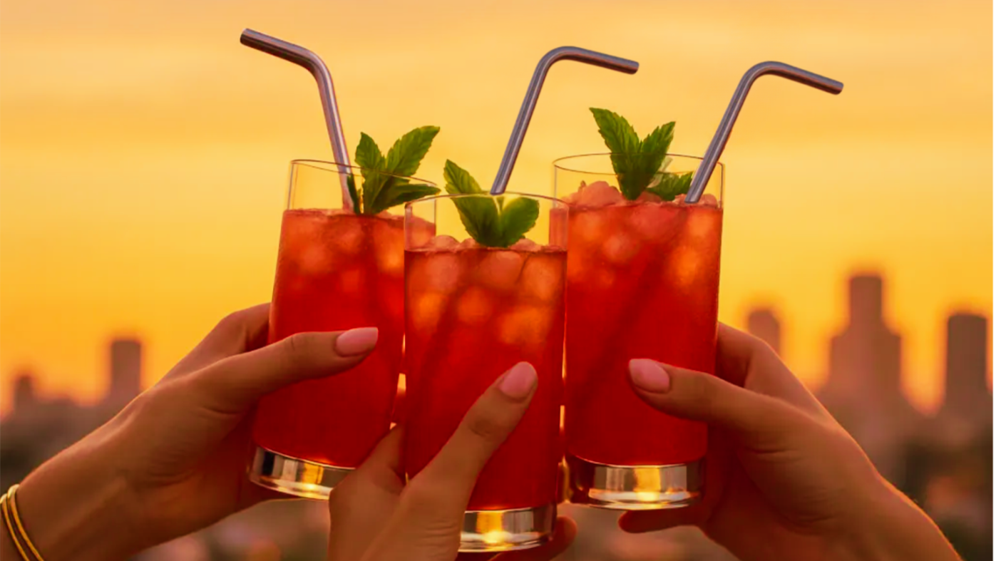 Three red cocktails with straws held by hands against a sunset cityscape.